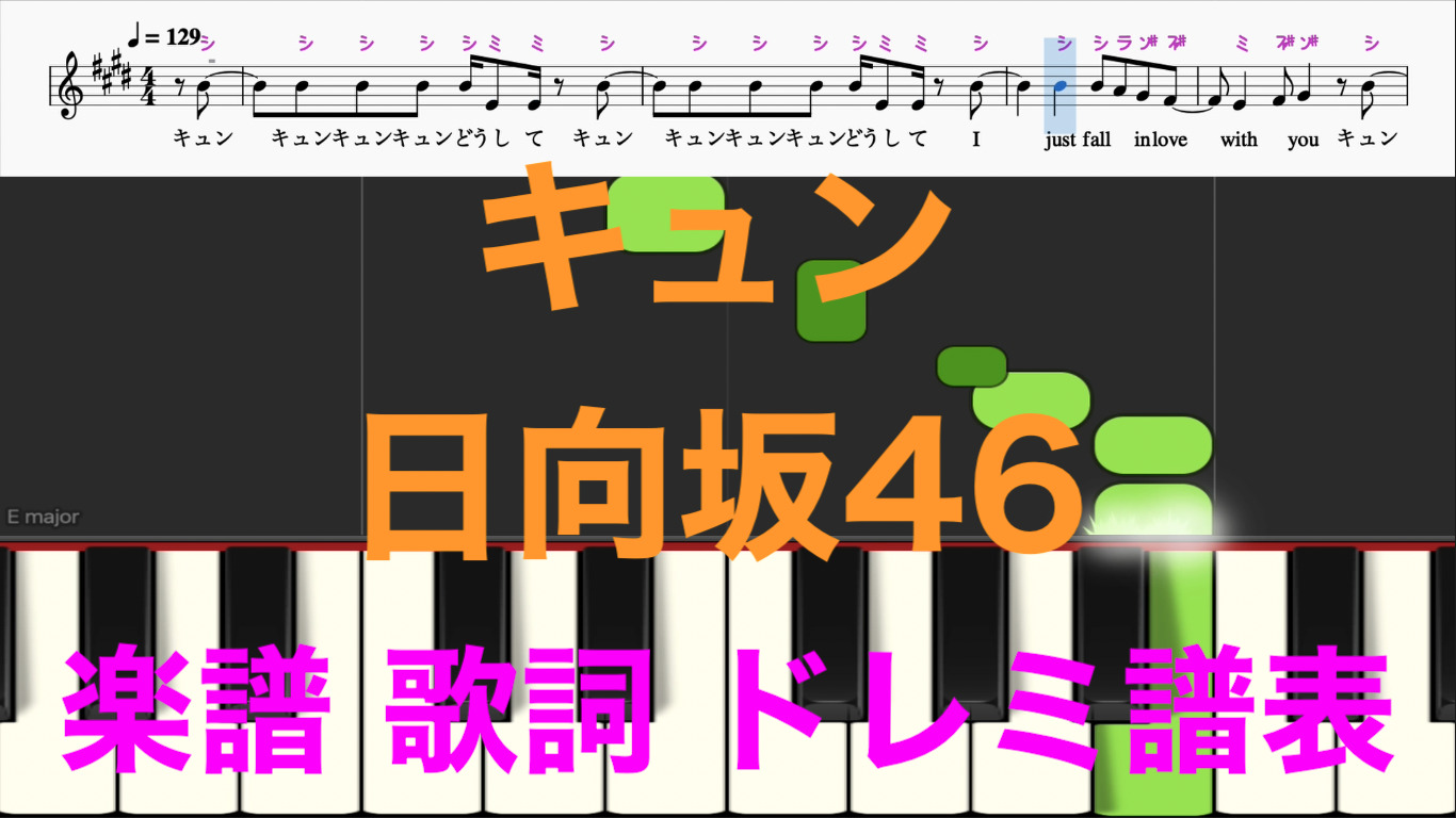 キュン 日向坂46 カタカナ譜表 ドレミファ表記 楽譜動画 楽譜画像 歌詞あり 鍵盤演奏タイミング 楽器練習用 ピアノ オカリナ サックス トランペット フルート クラリネット演奏に最適 ドレミファ簡単演奏楽譜のサイト