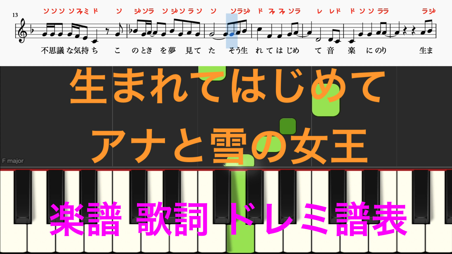 生まれてはじめて アナと雪の女王 神田沙也加 松たか子 ピアノ楽譜 ディズニー名曲 カラオケ カタカナ ドレミ譜表付き 歌詞あり 鍵盤演奏タイミング 楽器練習用 ピアノ オカリナ サックス トランペット フルート クラリネット演奏に最適 簡単に演奏出来る曲 ドレミファ