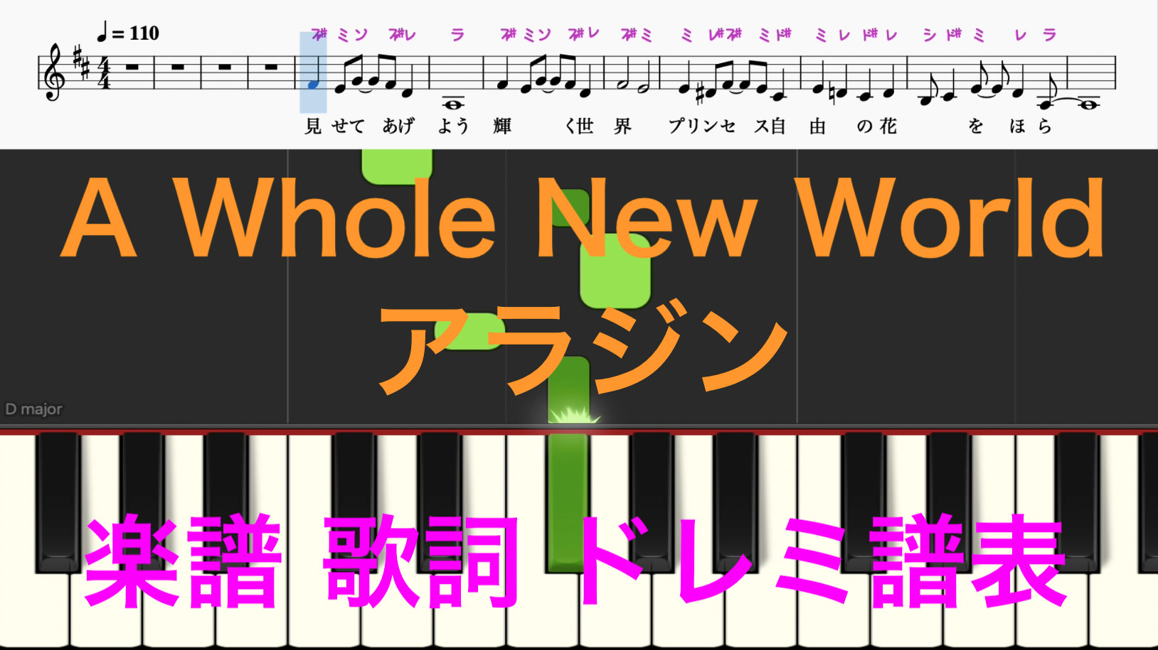 アラジン A Whole New World ピアノ楽譜 歌詞 ドレミふりがな付き 楽譜