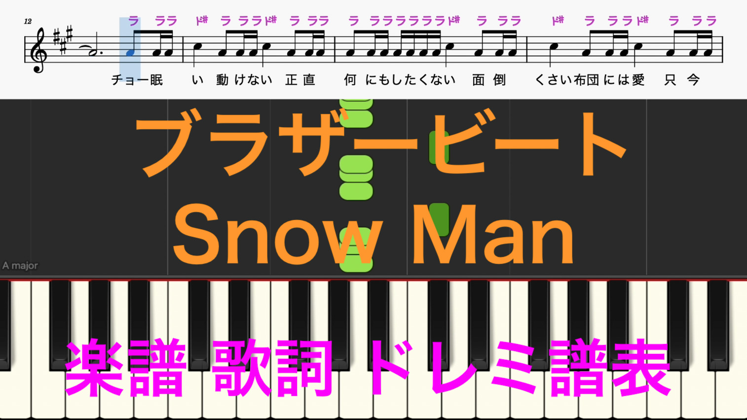 無料楽譜pdf ブラザービート Snowman ピアノ楽譜 カタカナ譜表付き ドレミファ表記 楽譜動画 楽譜画像 歌詞あり 鍵盤演奏タイミング 楽器練習用 ピアノ オカリナ サックス トランペット フルート クラリネット演奏に最適 ドレミファ演奏楽譜のサイト 初心者