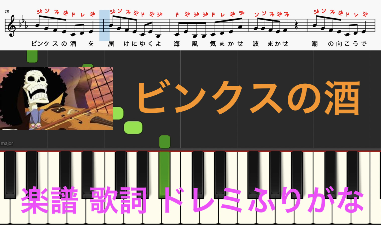 簡単ピアノ楽譜 ビンクスの酒 Ado One Piece Film Red ピアノ楽譜 歌詞 ドレミ音符読み方ふりがな譜表付き 楽器練習用 ピアノ オカリナ サックス トランペット フルート クラリネット演奏 カラオケに最適 ドレミファ演奏楽譜のサイト 初心者でも簡単 ピアノ楽譜